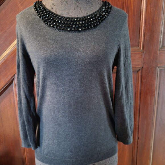 Ann Taylor Sweaters - Ann Taylor Womens Gray Beaded Collar Sweater Size S